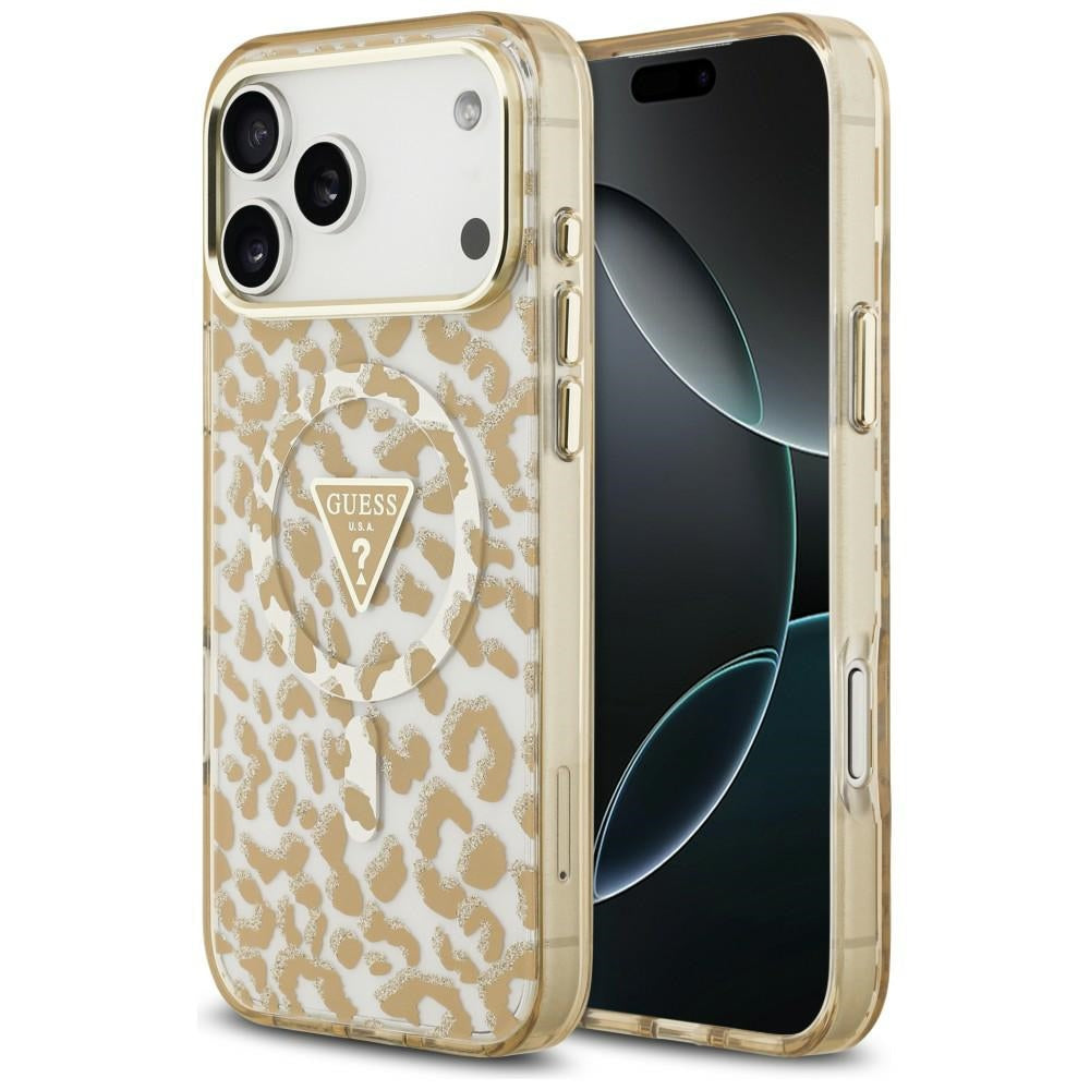 MagSafe-Hülle für Apple iPhone 18 Pro Max / 17 Pro Max, Guess, Leopard Glitter Dreieck Logo, Braun
