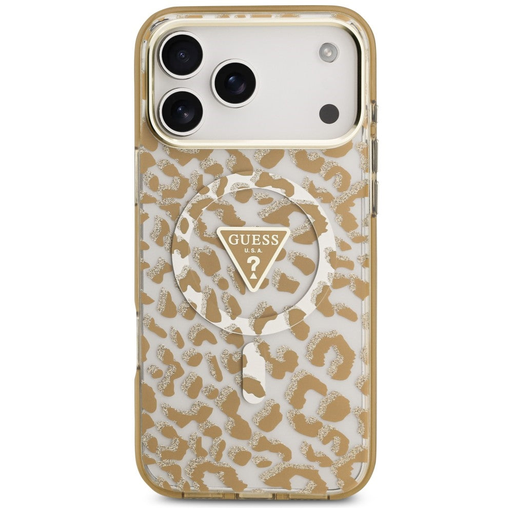 MagSafe-Hülle für Apple iPhone 18 Pro Max / 17 Pro Max, Guess, Leopard Glitter Dreieck Logo, Braun