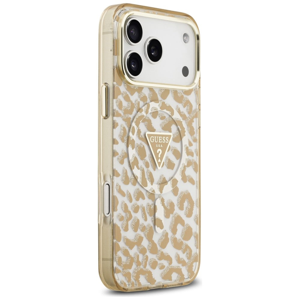 MagSafe-Hülle für Apple iPhone 18 Pro Max / 17 Pro Max, Guess, Leopard Glitter Dreieck Logo, Braun