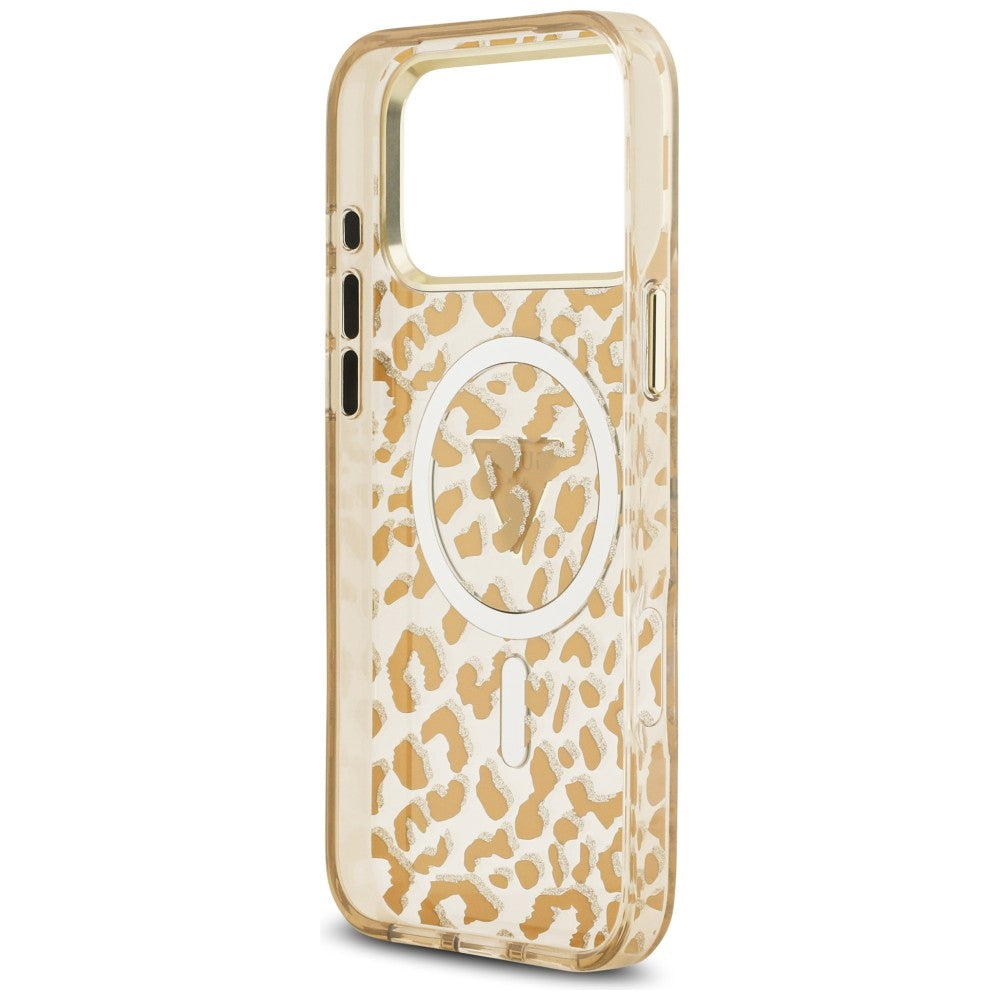 MagSafe-Hülle für Apple iPhone 18 Pro Max / 17 Pro Max, Guess, Leopard Glitter Dreieck Logo, Braun