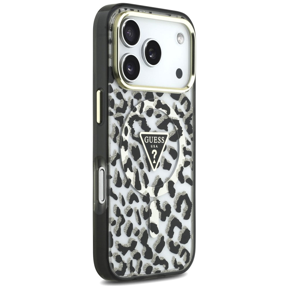 MagSafe-Hülle für Apple iPhone 18 Pro Max / 17 Pro Max, Guess, Leopard Glitter Dreieck Logo, Schwarz