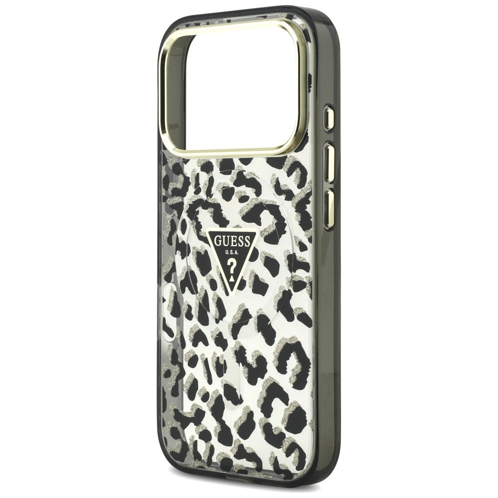 MagSafe-Hülle für Apple iPhone 18 Pro Max / 17 Pro Max, Guess, Leopard Glitter Dreieck Logo, Schwarz