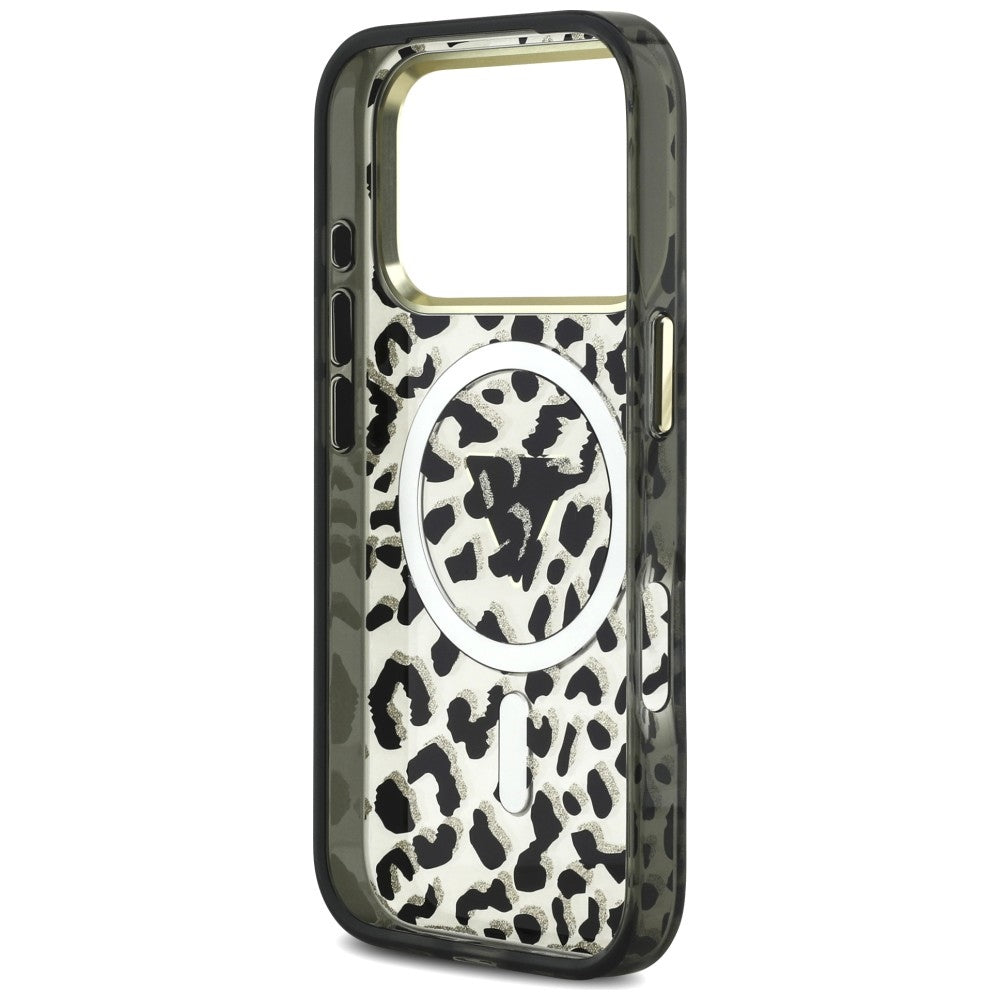 MagSafe-Hülle für Apple iPhone 18 Pro Max / 17 Pro Max, Guess, Leopard Glitter Dreieck Logo, Schwarz
