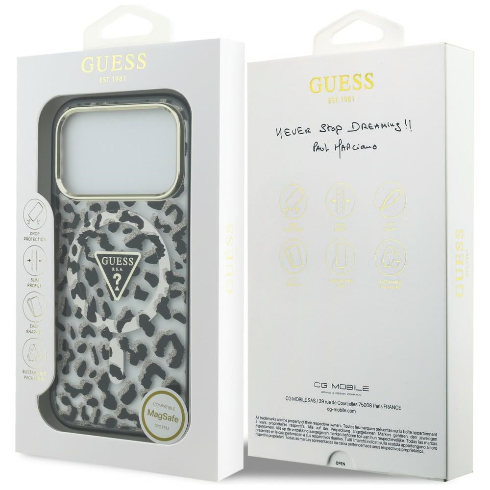 MagSafe-Hülle für Apple iPhone 18 Pro Max / 17 Pro Max, Guess, Leopard Glitter Dreieck Logo, Schwarz