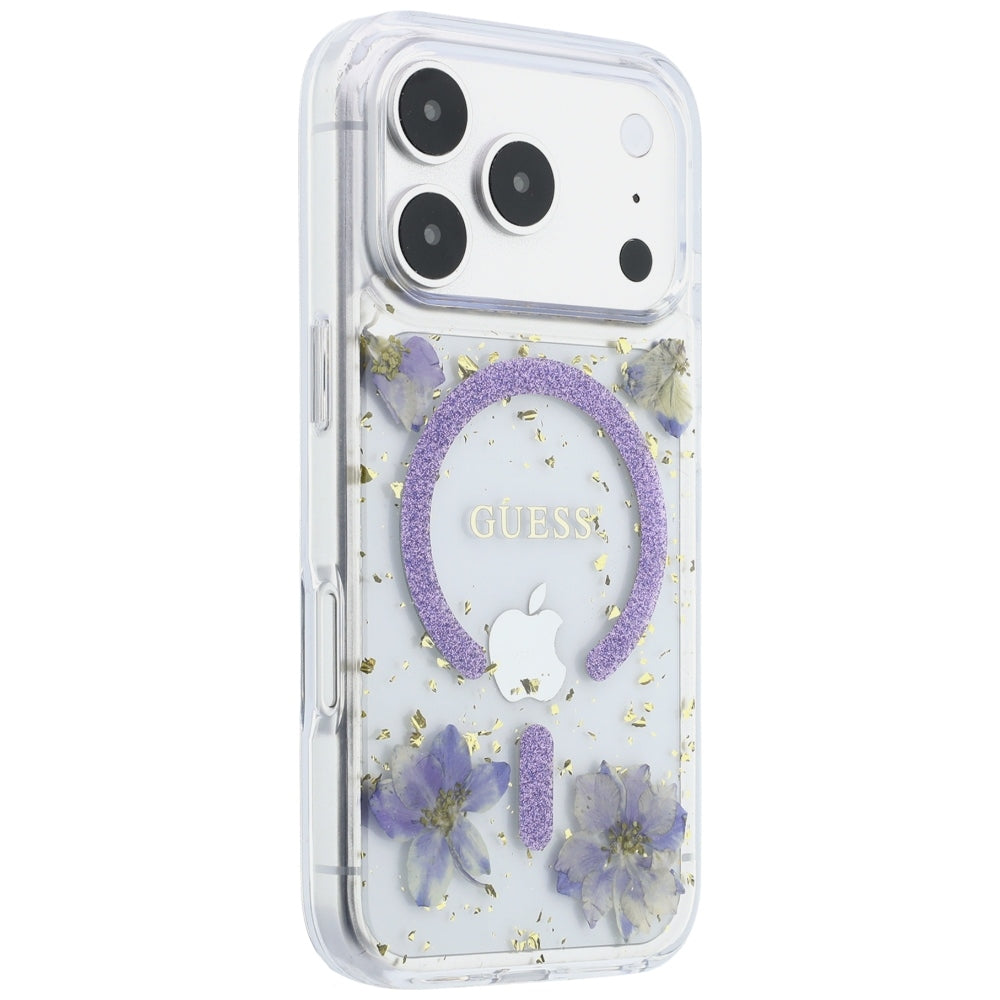MagSafe-Hülle für Apple iPhone 18 Pro Max / 17 Pro Max, Guess, Harzblumen und Glitzer, Lila