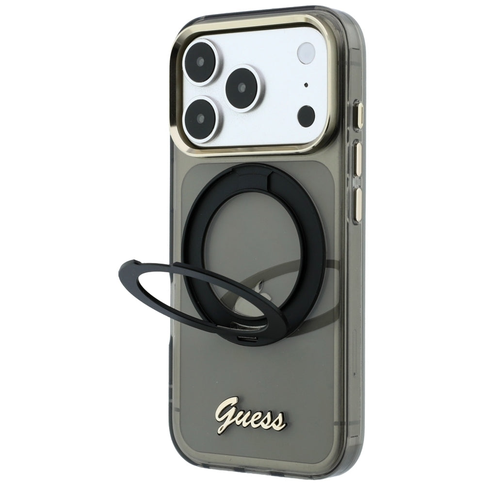 MagSafe-Hülle für Apple iPhone 18 Pro Max / 17 Pro Max, Guess, Ring Stand Script Metall-Logo, Schwarz