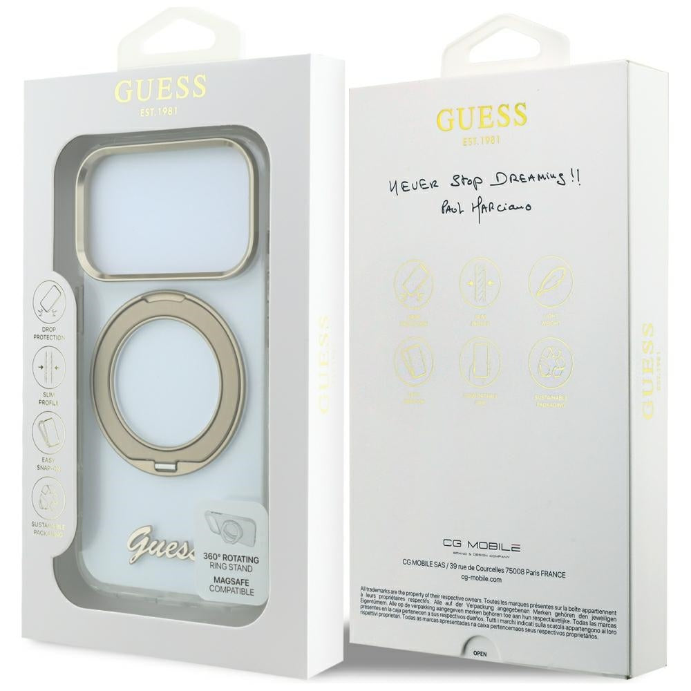 MagSafe-Hülle für Apple iPhone 18 Pro Max / 17 Pro Max, Guess, Ring Stand Script Metall-Logo, Transparent