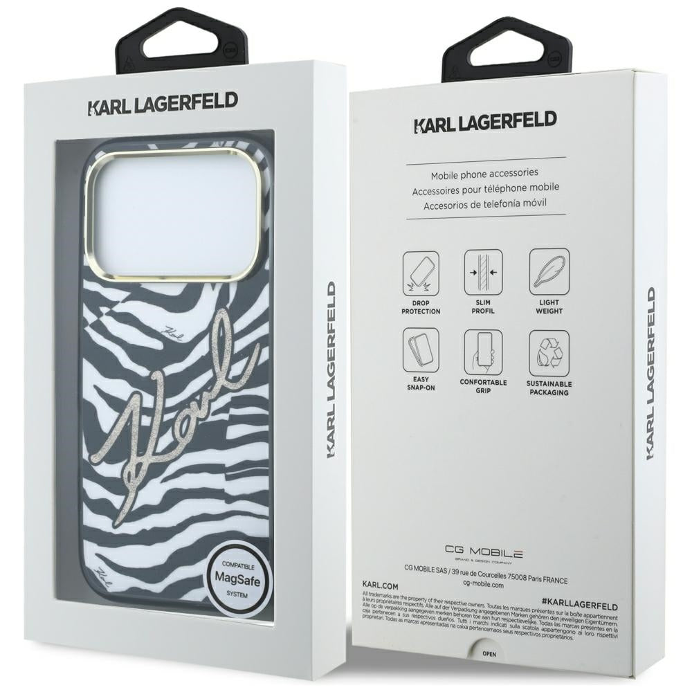 MagSafe-Hülle für Apple iPhone 18 Pro Max / 17 Pro Max, Karl Lagerfeld, HC IML Signature Zebra Glitter Gold, Schwarz