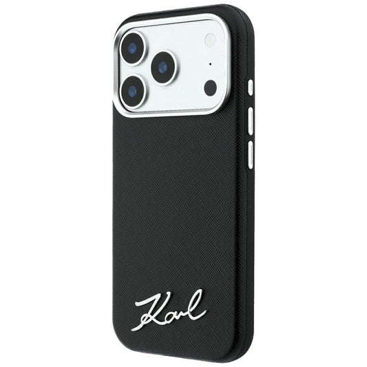MagSafe-Hülle für Apple iPhone 18 Pro Max / 17 Pro Max, Karl Lagerfeld, Saffiano Small Script Metall-Logo, Schwarz