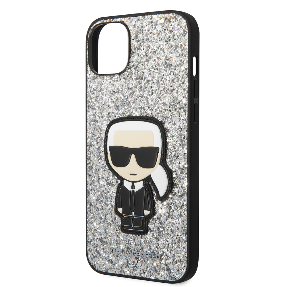 Hülle für Apple iPhone 14 Plus, Karl Lagerfeld, Glitter Flakes Ikonik Karl, Silbern