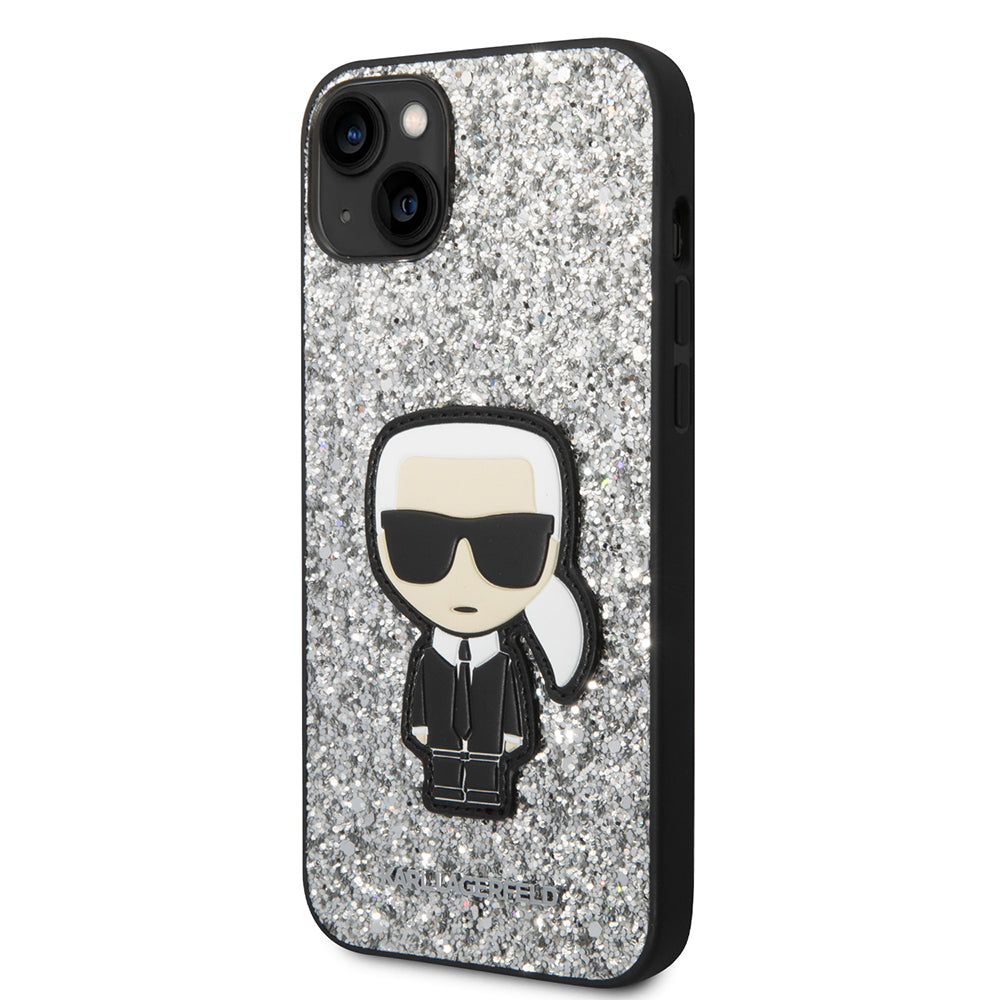 Hülle für Apple iPhone 14 Plus, Karl Lagerfeld, Glitter Flakes Ikonik Karl, Silbern