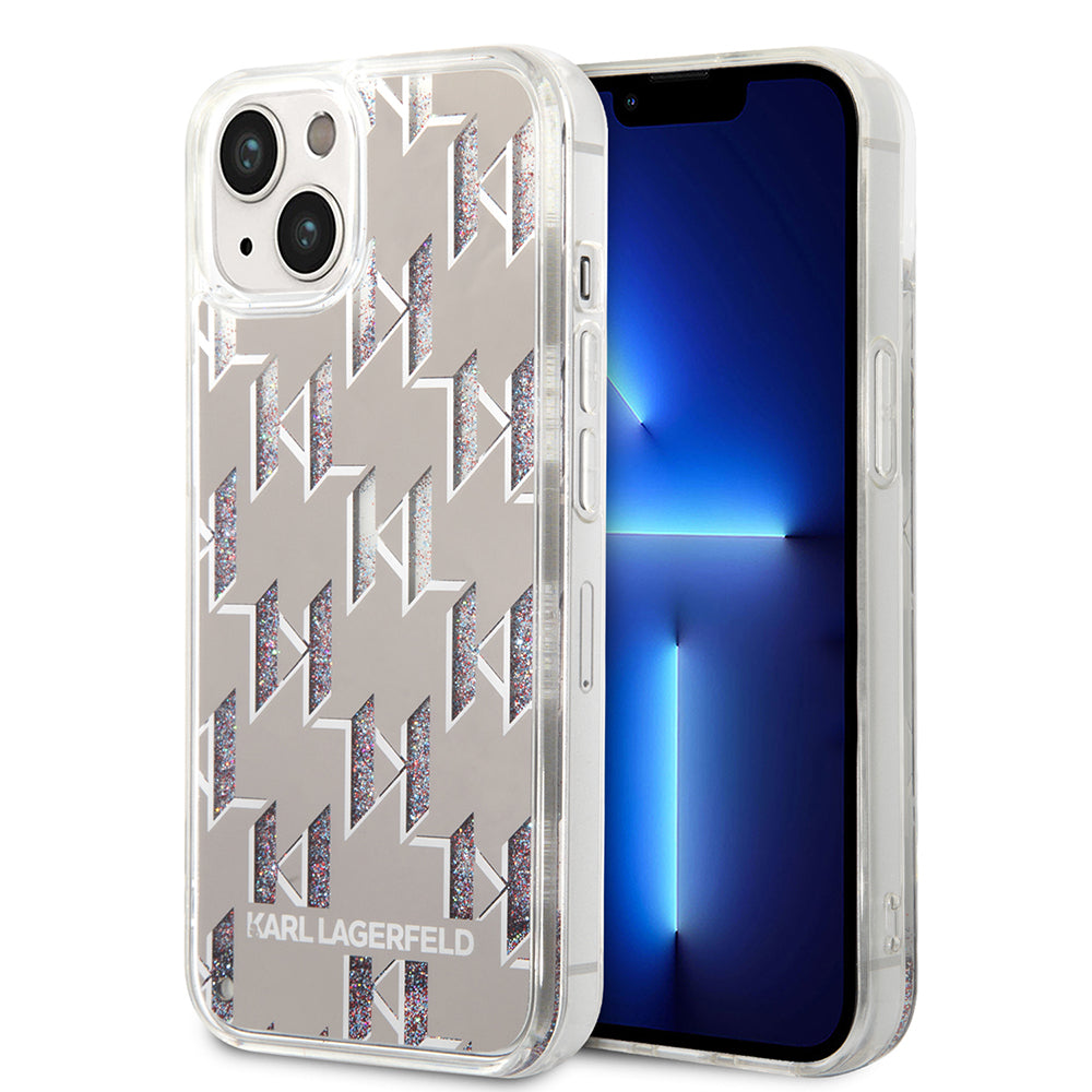 Hülle für Apple iPhone 14 Plus, Karl Lagerfeld, Liquid Glitter Monogram, Silbern