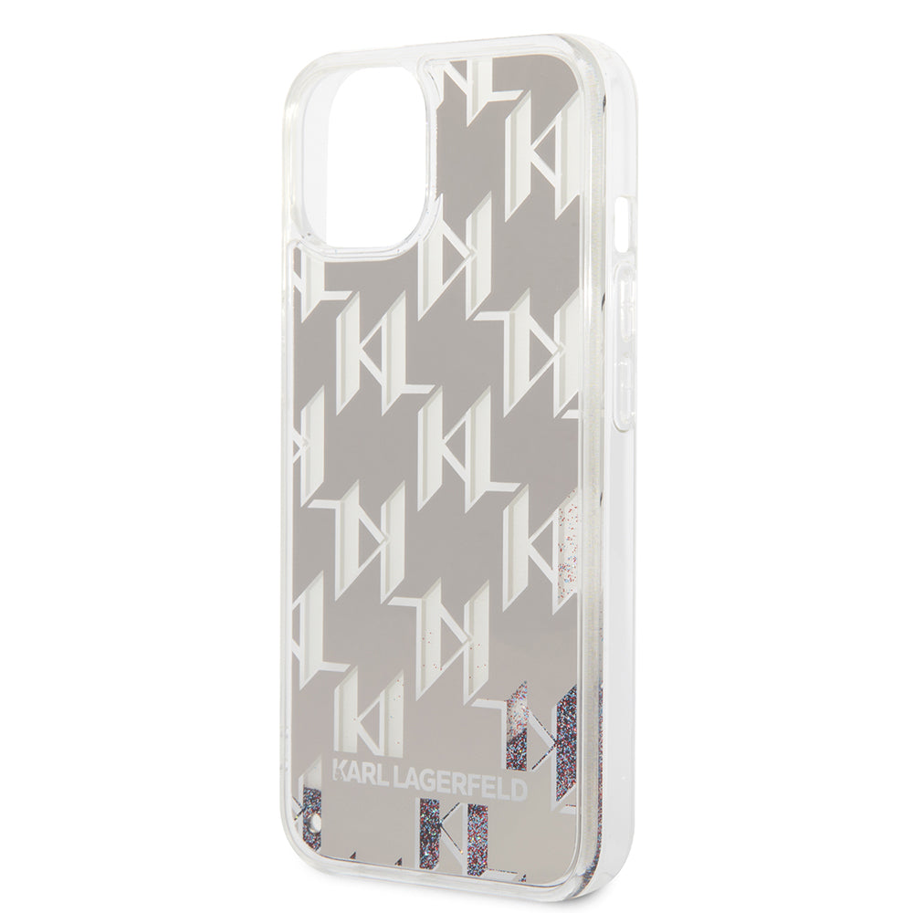 Hülle für Apple iPhone 14 Plus, Karl Lagerfeld, Liquid Glitter Monogram, Silbern