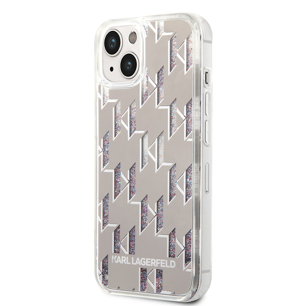 Hülle für Apple iPhone 14 Plus, Karl Lagerfeld, Liquid Glitter Monogram, Silbern