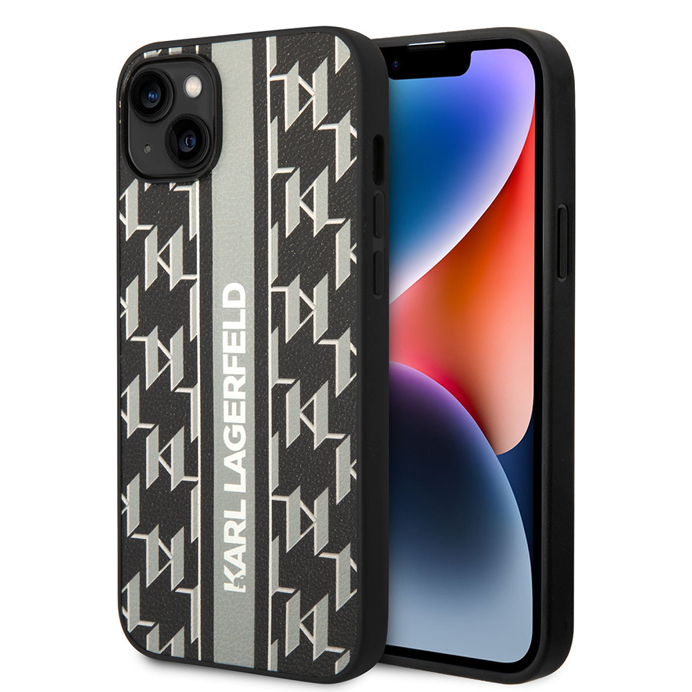 Hülle für Apple iPhone 14 Plus, Karl Lagerfeld, Monogram Stripe, Grau