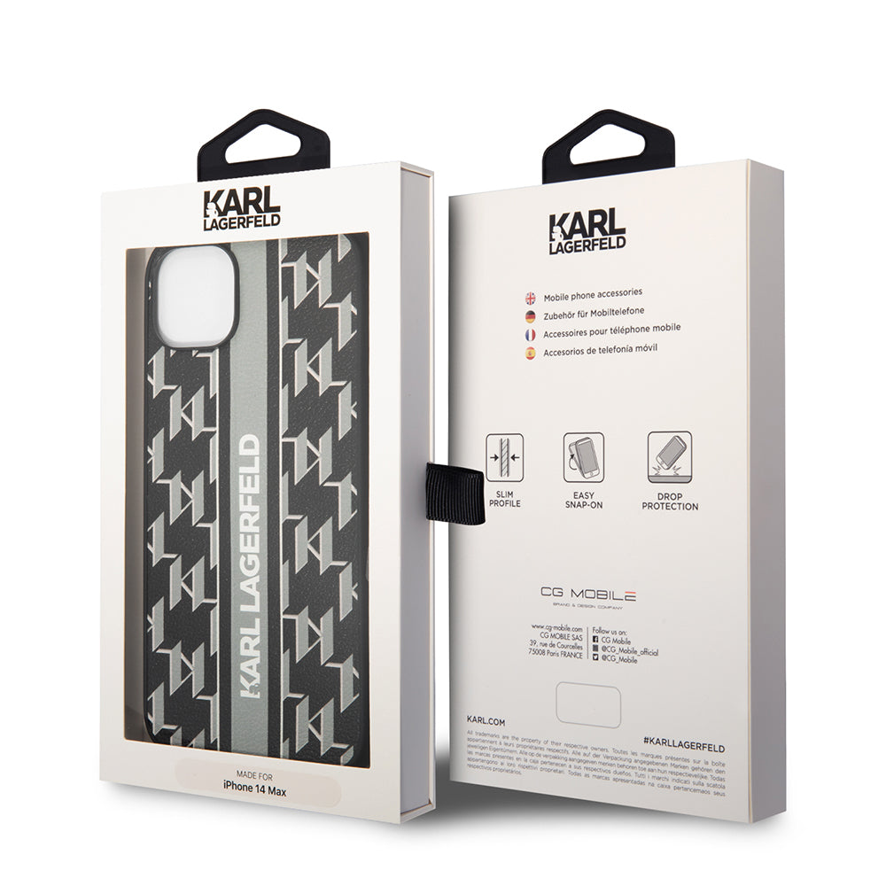 Hülle für Apple iPhone 14 Plus, Karl Lagerfeld, Monogram Stripe, Grau