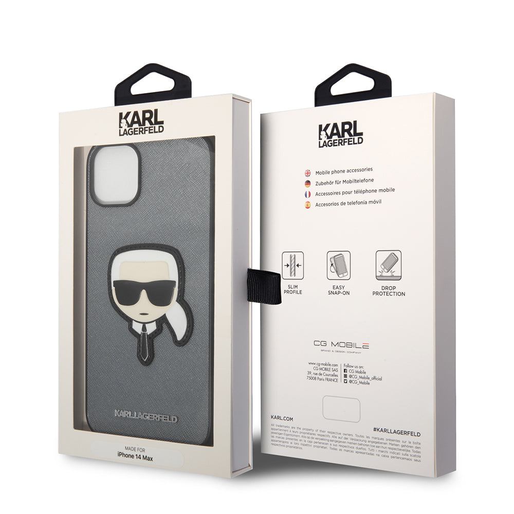 Hülle für Apple iPhone 14 Plus, Karl Lagerfeld, Saffiano Karl's Head, Silbern