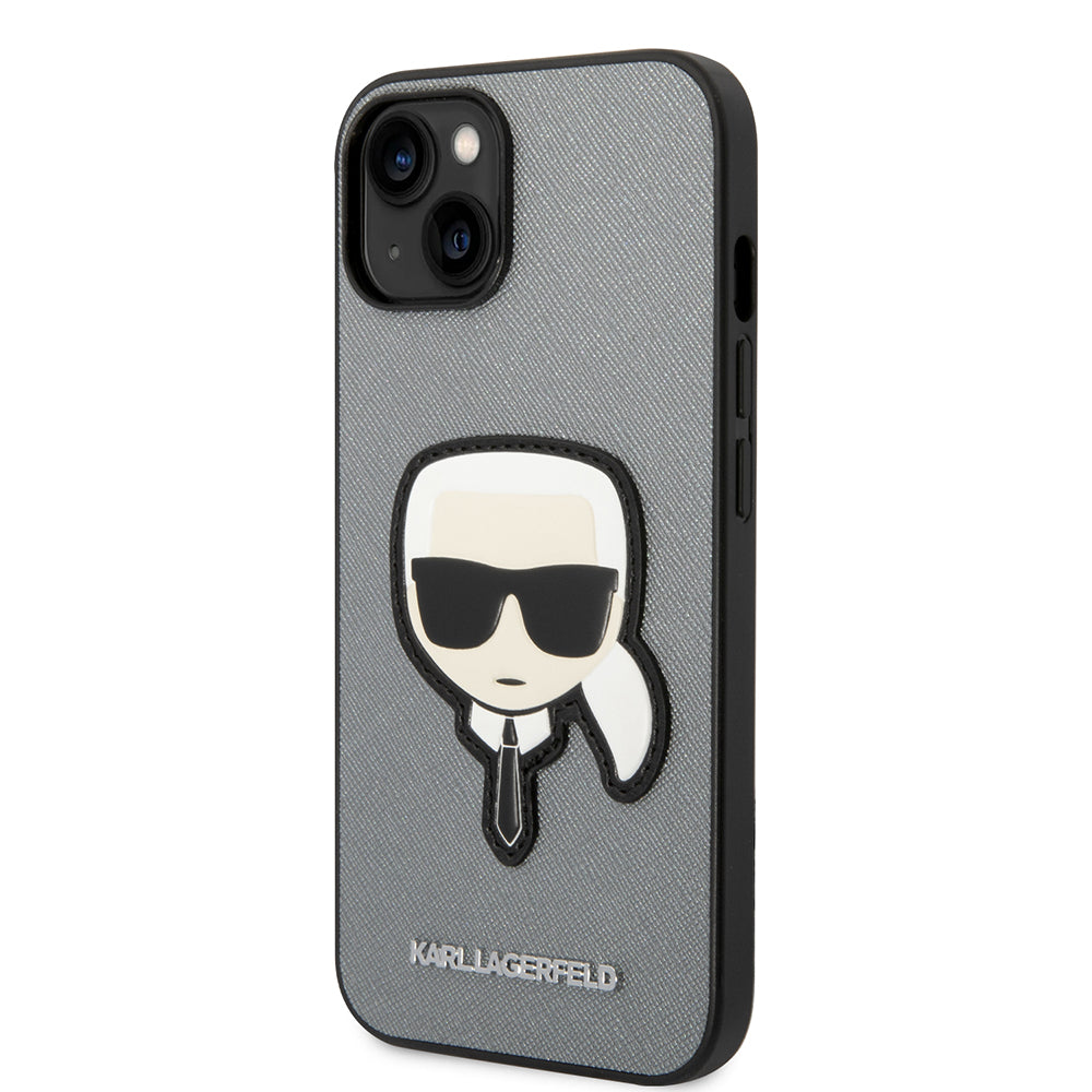 Hülle für Apple iPhone 14 Plus, Karl Lagerfeld, Saffiano Karl's Head, Silbern