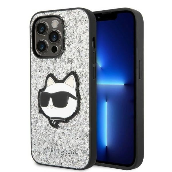 Hülle für Apple iPhone 14 Pro, Karl Lagerfeld, Glitter Choupette Patch, Silbern