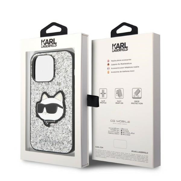 Hülle für Apple iPhone 14 Pro, Karl Lagerfeld, Glitter Choupette Patch, Silbern