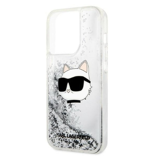 Hülle für Apple iPhone 14 Pro, Karl Lagerfeld, Glitter Choupette's Head, Silbern