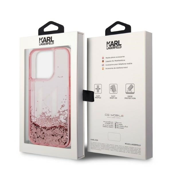 Hülle für Apple iPhone 14 Pro, Karl Lagerfeld, Glitter Liquid Big KL, Rosa