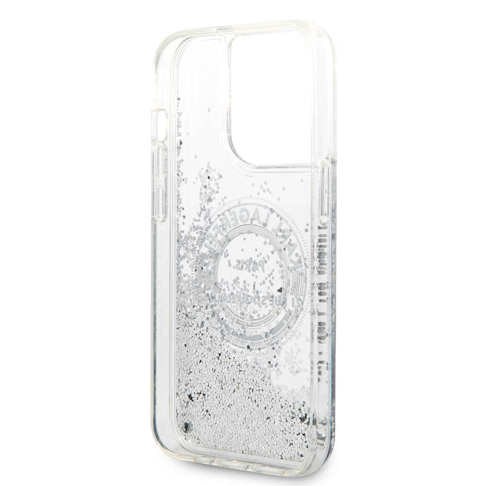 Hülle für Apple iPhone 14 Pro, Karl Lagerfeld, Liquid Glitter RSG, Silbern
