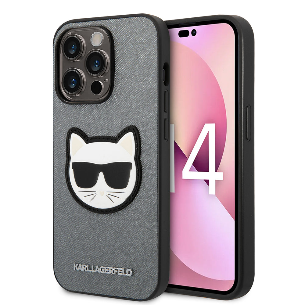 Hülle für Apple iPhone 14 Pro, Karl Lagerfeld, Saffiano Choupette's Head, Silbern