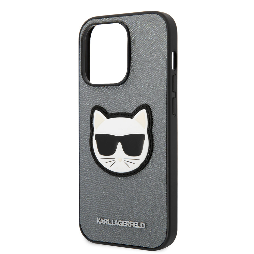 Hülle für Apple iPhone 14 Pro, Karl Lagerfeld, Saffiano Choupette's Head, Silbern