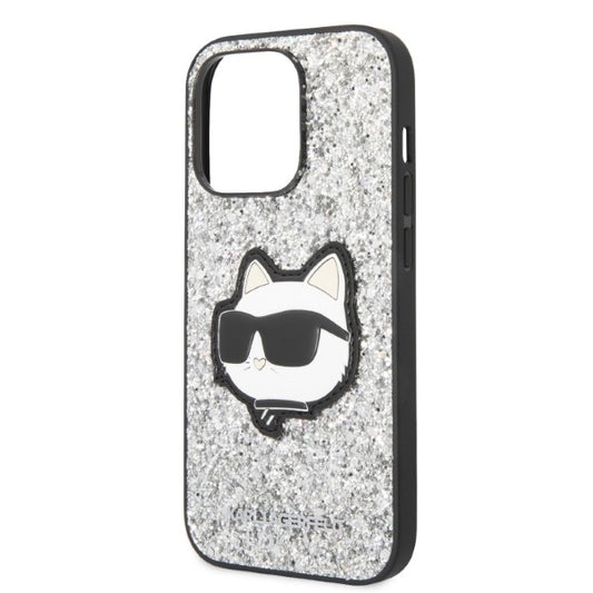 Hülle für Apple iPhone 14 Pro Max, Karl Lagerfeld, Glitter Choupette Patch, Silbern