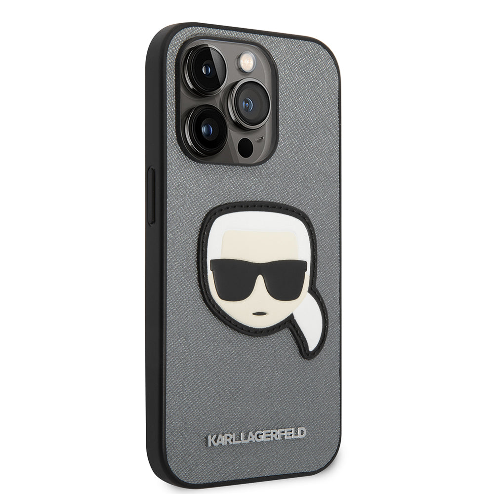 Hülle für Apple iPhone 14 Pro Max, Karl Lagerfeld, Saffiano Karl's Head, Silbern