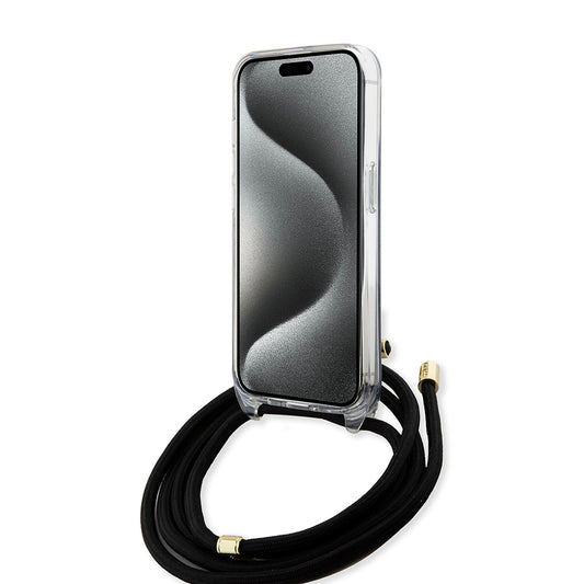 Hülle für Apple iPhone 15, Guess, 4G IML Printed Crossbody, Schwarz