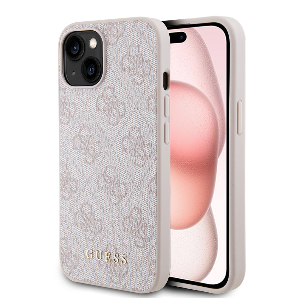 Case for Apple iPhone 15, Guess, 4G Metal Gold Logo, Pink