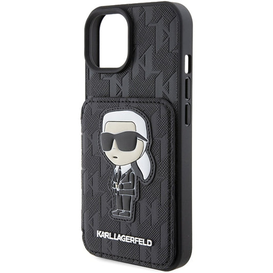 Case for Apple iPhone 15, Karl Lagerfeld, Saffiano Cardslots and Stand Monogram Ikonik Karl, Black