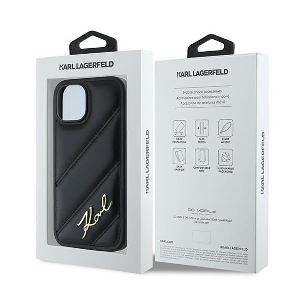 Hülle für Apple iPhone 15 Plus, Karl Lagerfeld, Diagonal Quilted Script, Schwarz