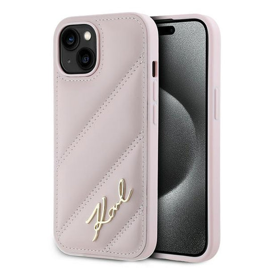 Case for Apple iPhone 15 Plus, Karl Lagerfeld, Diagonal Quilted Script, Pink
