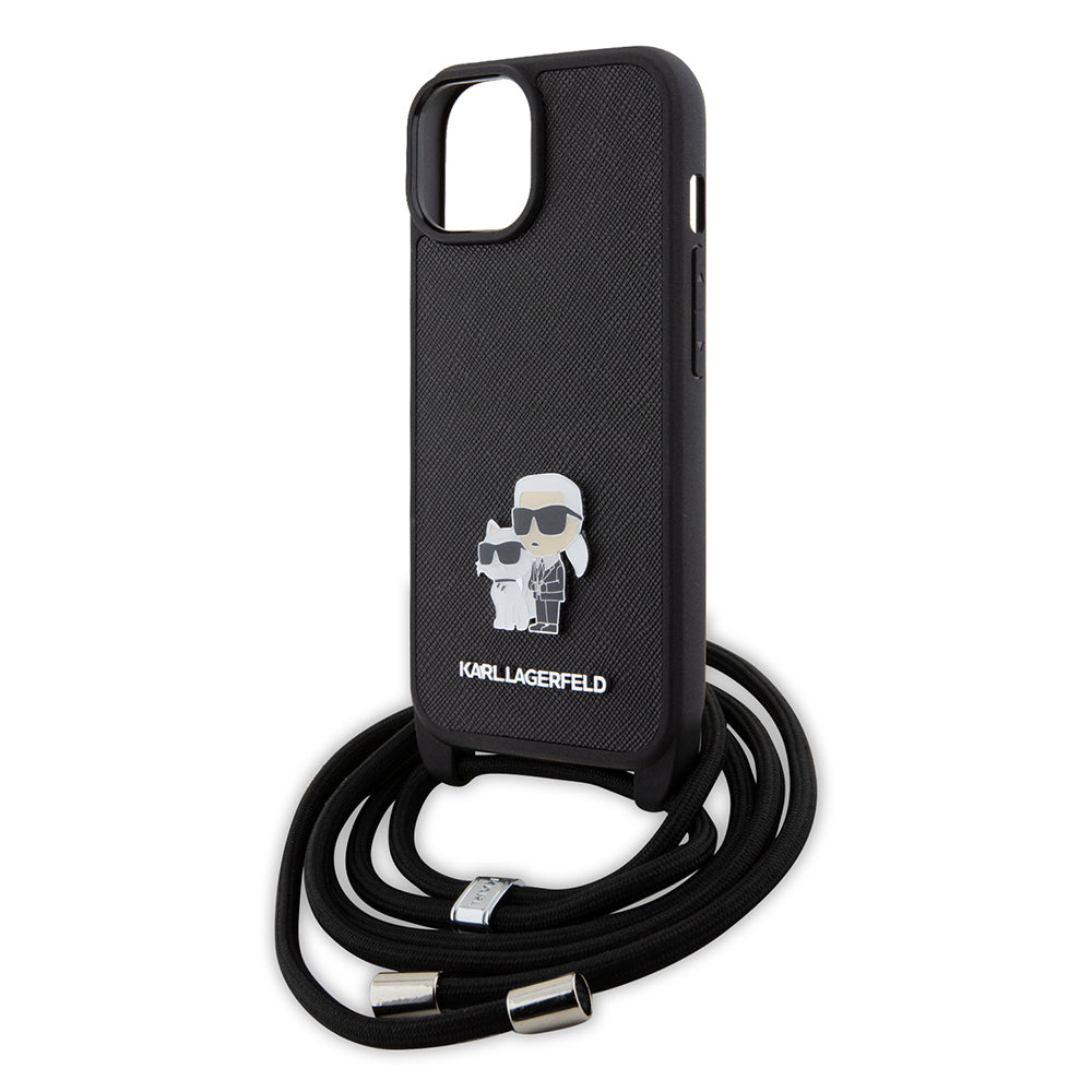 Hülle für Apple iPhone 15 Plus, Karl Lagerfeld, Saffiano Crossbody Metal Pin Karl & Choupette, Schwarz