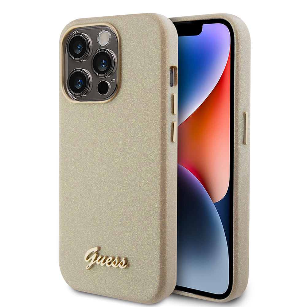 Hülle für Apple iPhone 15 Pro, Guess, Glitter Glossy Script, Beige