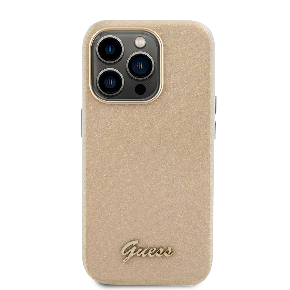 Hülle für Apple iPhone 15 Pro, Guess, Glitter Glossy Script, Beige