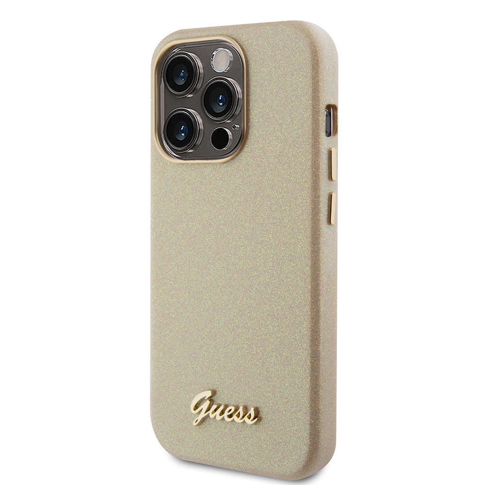 Hülle für Apple iPhone 15 Pro, Guess, Glitter Glossy Script, Beige