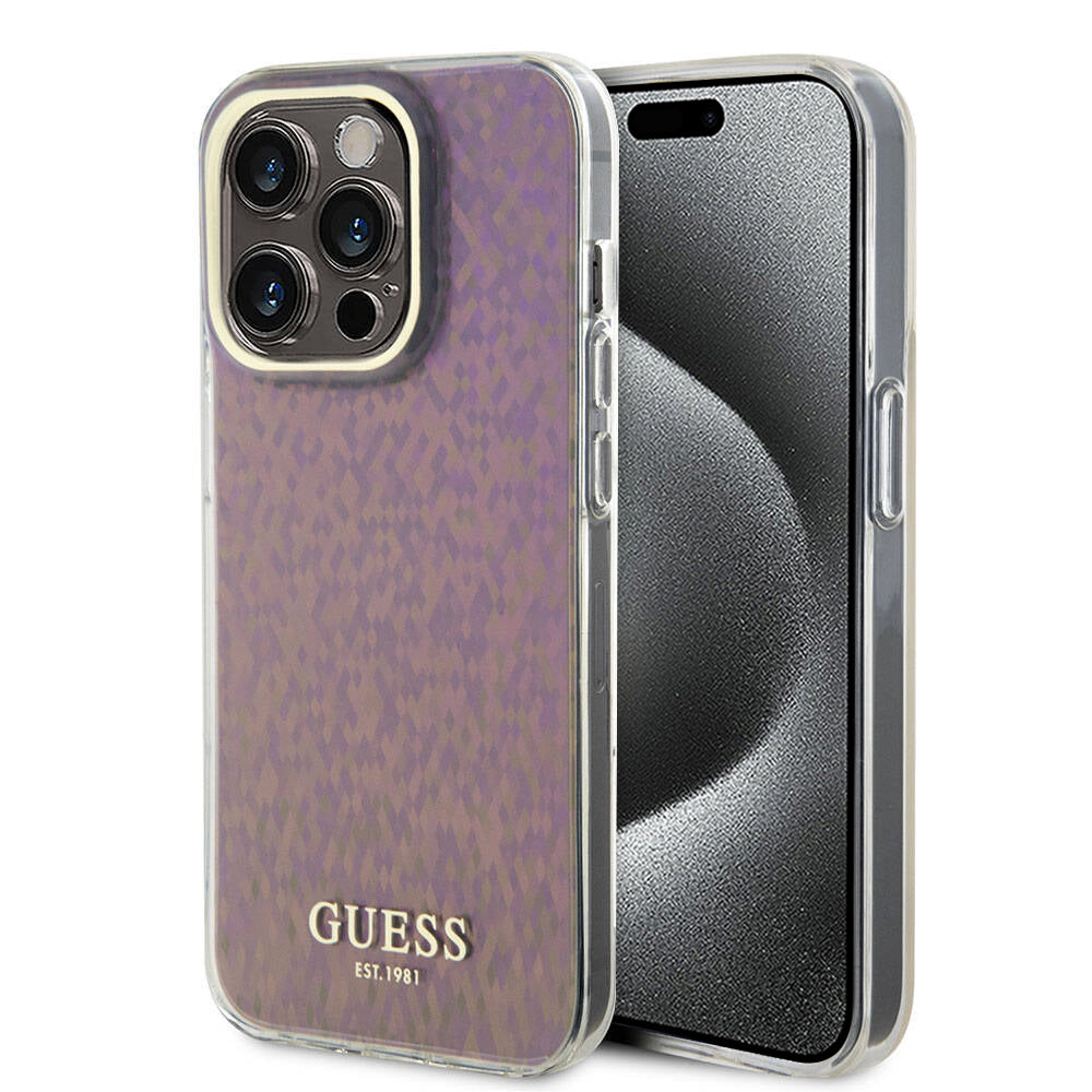 Case for Apple iPhone 15 Pro, Guess, IML Faceted Mirror Disco Iridescent, Pink