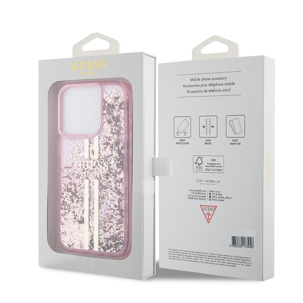 Case for Apple iPhone 15 Pro, Guess, Liquid Glitter Gold Stripes, Pink