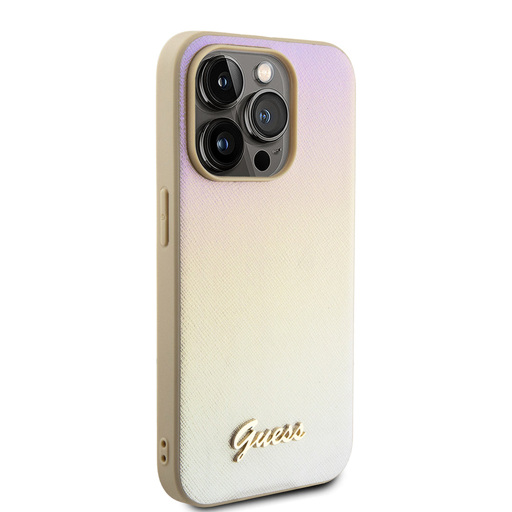 Case for Apple iPhone 15 Pro, Guess, Saffiano Iridescent Script, Gold