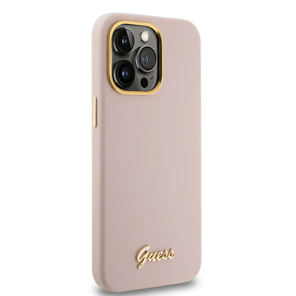 Hülle für Apple iPhone 15 Pro, Guess, Script Metal Logo & Rahmen, Hellrosa