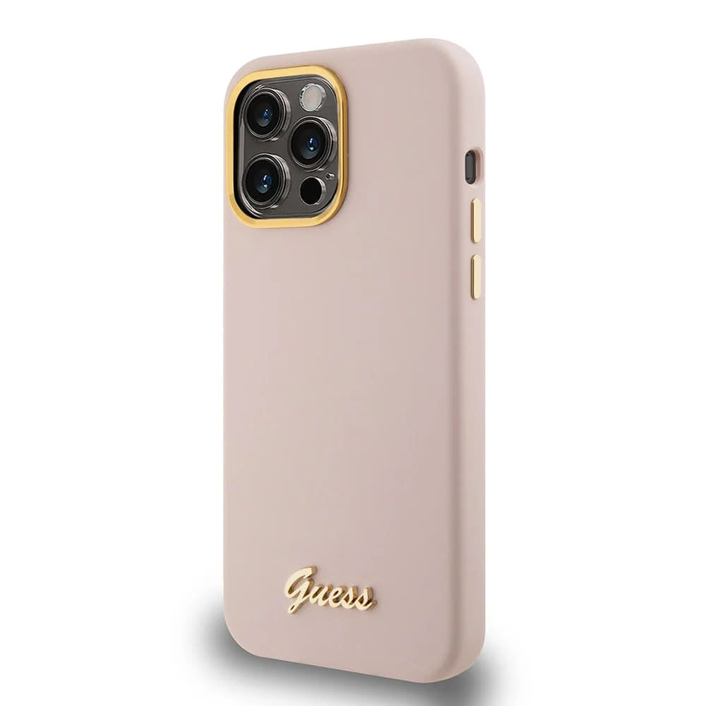 Hülle für Apple iPhone 15 Pro, Guess, Script Metal Logo & Rahmen, Hellrosa