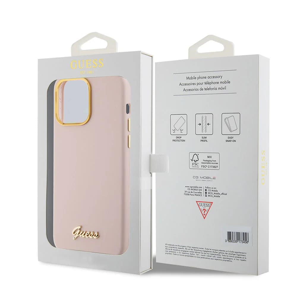 Hülle für Apple iPhone 15 Pro, Guess, Script Metal Logo & Rahmen, Hellrosa