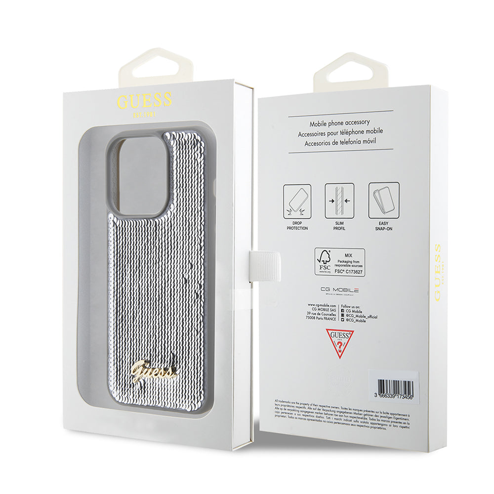 Case for Apple iPhone 15 Pro, Guess, Sequin Script Metal, Silver