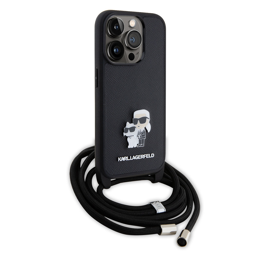 Case for Apple iPhone 15 Pro, Karl Lagerfeld, Saffiano Crossbody Metal Pin Karl & Choupette, Black