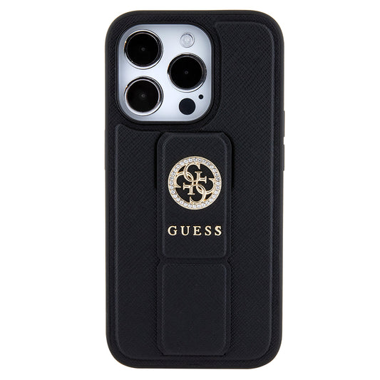 Hülle für Apple iPhone 15 Pro Max, Guess, Grip Stand 4G Saffiano Strass, Schwarz
