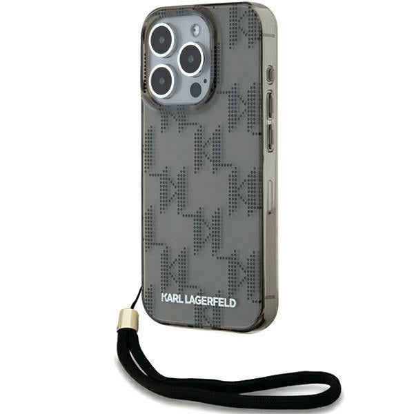 Hülle für Apple iPhone 15 Pro Max, Karl Lagerfeld, IML Luxury Monogram KL Muster mit Trageriemen, Schwarz